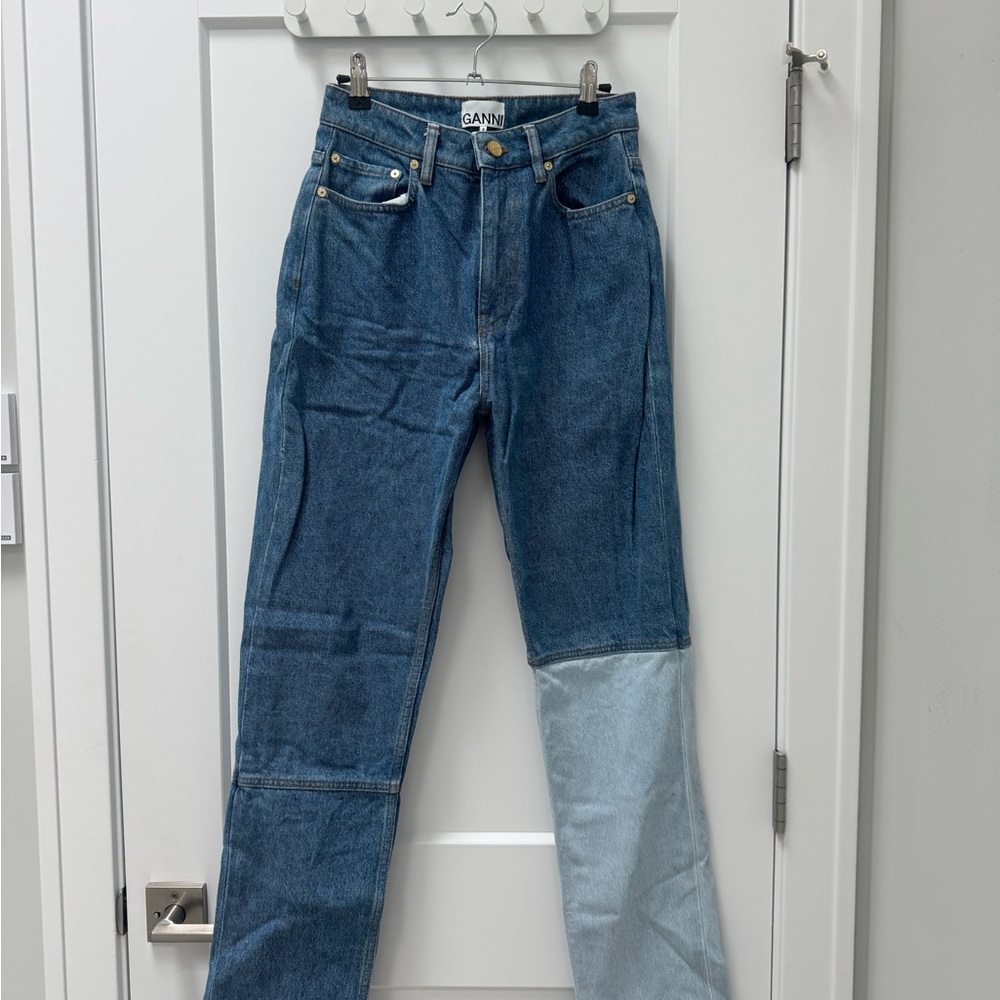 Ganni Two-Tone Patchwork Denim Jeans in Dark and Light Blue